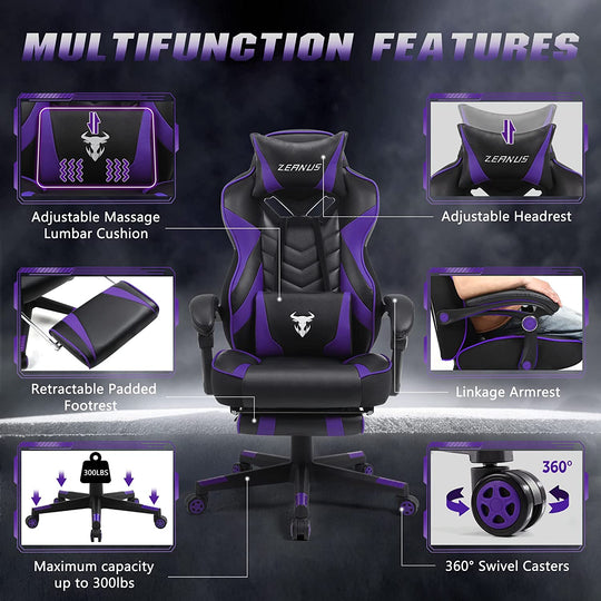 Purple Gaming Chair Reclining Computer Chair with Footrest High Back Gamer Chair with Massage Large Computer Gaming Chair Racing Style Chair for Gaming Big and Tall Gaming Chairs for Adult