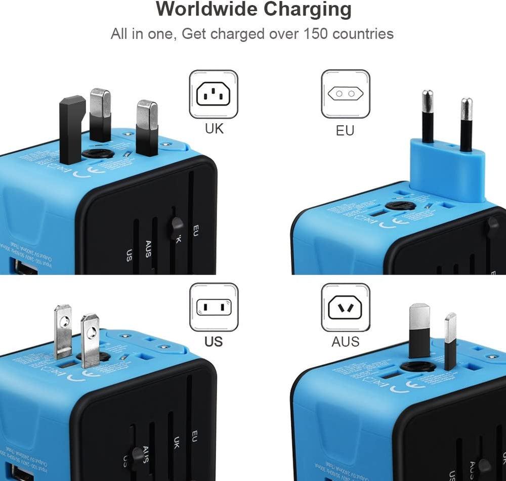 Universal Travel Adapter, All-In-One International Power Adapter with 2.4A Dual USB, European Adapter Travel Power Adapter Wall Charger for UK, EU, AU, Asia Covers 150+Countries (Blue)