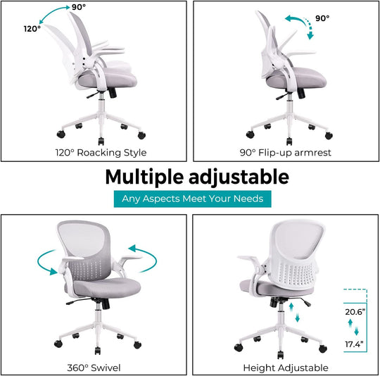 Mid Back Mesh Computer, Ergonomic Desk, Height Adjustable Rolling Swivel Task Flip-Up Armrests and Lumbar Support, Gray Home Office Chair, 19D X 19W X 37H In, Grey