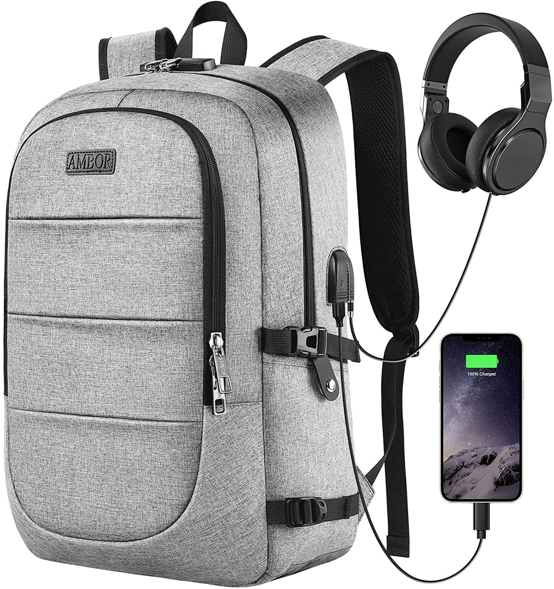 Travel Laptop Backpack,17.3 Inch anti Theft Business Laptop Backpack with USB Charging Port and Headphone Interface, Backpack for Men & Women, Grey