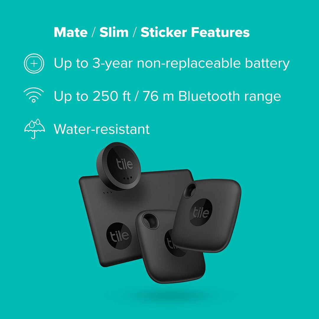 Mate Essentials 4-Pack (2 Mate, 1 Slim, 1 Stickers)- Bluetooth Tracker & Item Locators for Keys, Wallets, Remotes & More; Easily Find All Your Things.