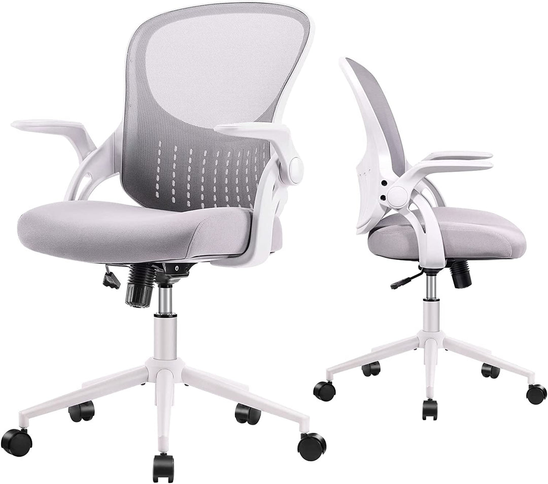 Mid Back Mesh Computer, Ergonomic Desk, Height Adjustable Rolling Swivel Task Flip-Up Armrests and Lumbar Support, Gray Home Office Chair, 19D X 19W X 37H In, Grey