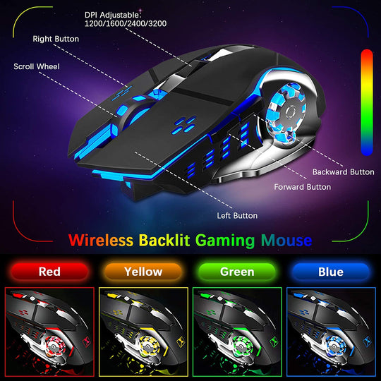 Wireless Gaming Keyboard and Mouse,Rainbow Backlit Rechargeable Keyboard Mouse with 3800Mah Battery Metal Panel,Removable Hand Rest Mechanical Feel Keyboard and 7 Color Gaming Mute Mouse for PC Gamers