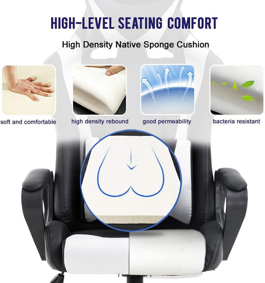 High-Back Gaming Chair PC Office Chair Computer Racing Chair PU Desk Task Chair Ergonomic Executive Swivel Rolling Chair with Lumbar Support for Back Pain Women, Men (White)