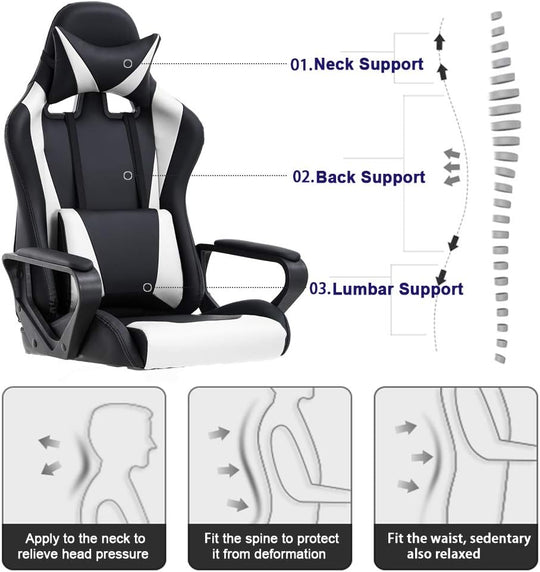 High-Back Gaming Chair PC Office Chair Computer Racing Chair PU Desk Task Chair Ergonomic Executive Swivel Rolling Chair with Lumbar Support for Back Pain Women, Men (White)