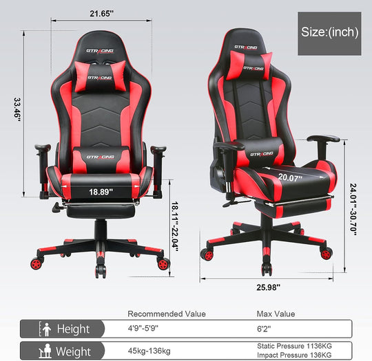 Gaming Chair with Footrest Speakers Video Game Chair Bluetooth Music Heavy Duty Ergonomic Computer Office Desk Chair Red