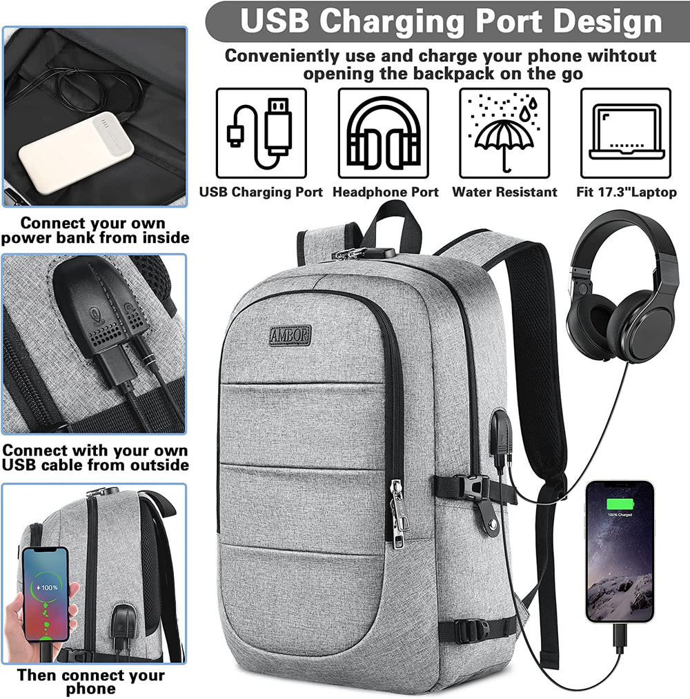 Travel Laptop Backpack,17.3 Inch anti Theft Business Laptop Backpack with USB Charging Port and Headphone Interface, Backpack for Men & Women, Grey