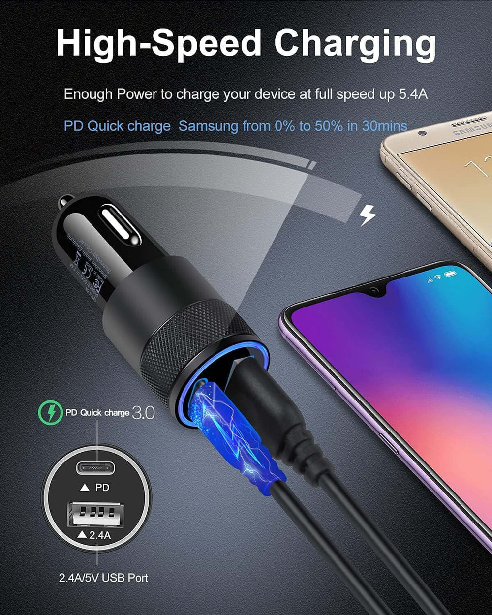 30W USB C Car Charger, [2Pack] PD 3.0 Fast Charge Dual Port USB Type C and 2.4A USB a Cargador Carro Lighter Adapter Base for Iphone, Ipad, Samsung Galaxy, LG, Google Pixel GPS, Z Play Droid, Motorola