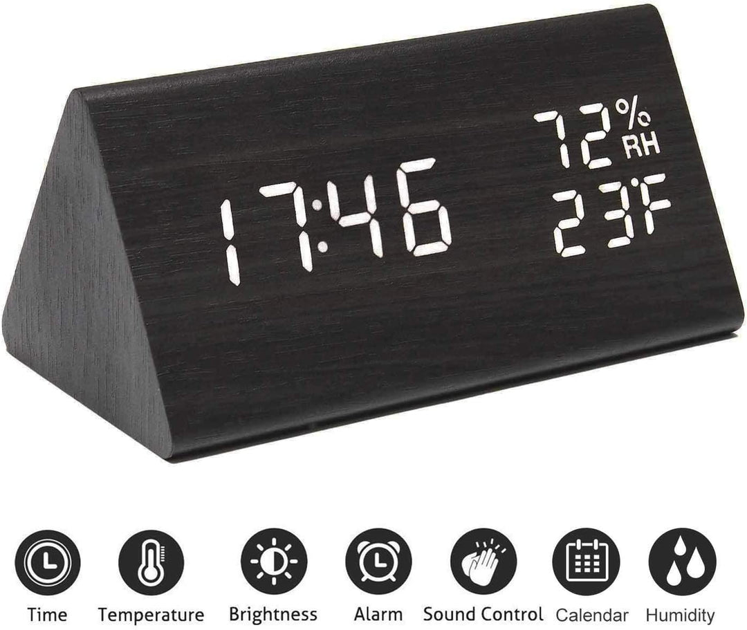 Digital Alarm Clock, with Wooden Electronic LED Time Display, 3 Alarm Settings, Humidity & Temperature Detect, Wood Made Electric Clocks for Bedroom, Bedside… (Black)