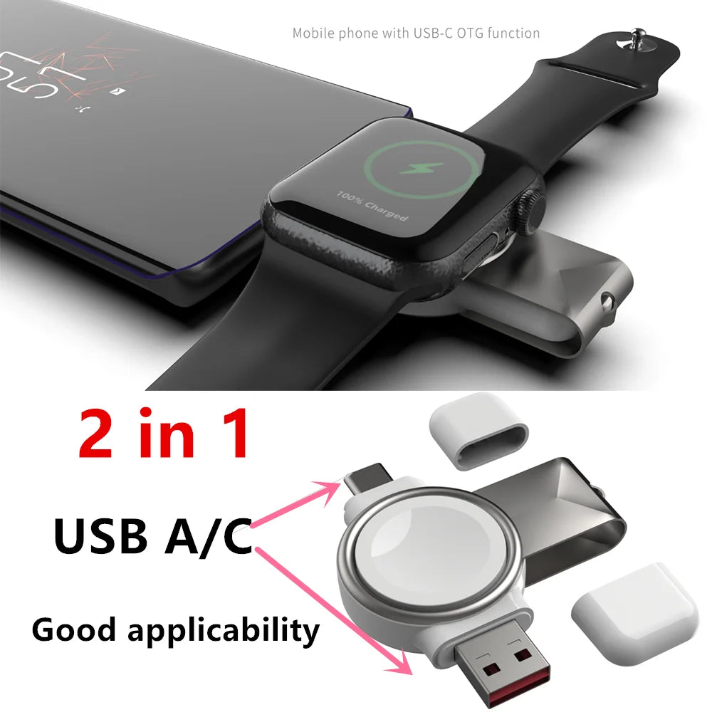 2-in-1 Magnetic Wireless Charger for Apple Watch - Ultra Fast Charging Station for iWatch Series 9-4, USB-A/C Portable Charger