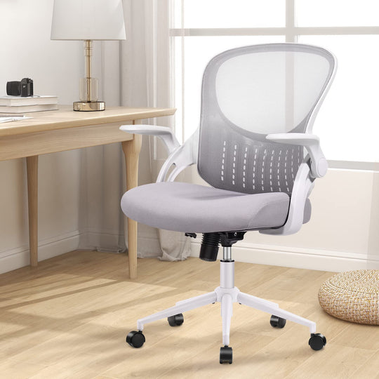 Mid Back Mesh Computer, Ergonomic Desk, Height Adjustable Rolling Swivel Task Flip-Up Armrests and Lumbar Support, Gray Home Office Chair, 19D X 19W X 37H In, Grey