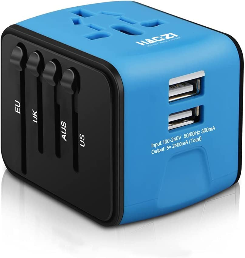 Universal Travel Adapter, All-In-One International Power Adapter with 2.4A Dual USB, European Adapter Travel Power Adapter Wall Charger for UK, EU, AU, Asia Covers 150+Countries (Blue)