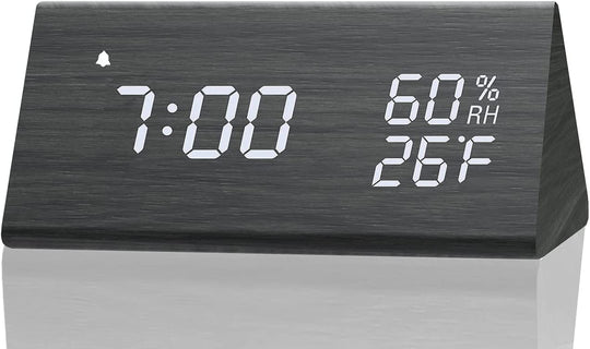 Digital Alarm Clock, with Wooden Electronic LED Time Display, 3 Alarm Settings, Humidity & Temperature Detect, Wood Made Electric Clocks for Bedroom, Bedside… (Black)